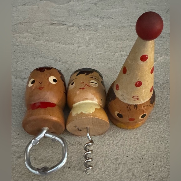 Mid-Century Figural Wood Corkscrew Bottle Opener and Salt and Pepper Shaker Set - Picture 1 of 8